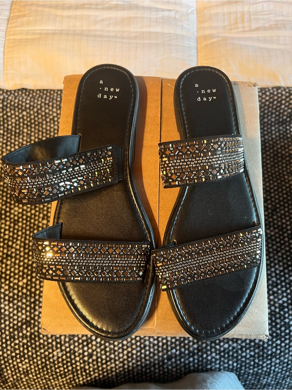 A New Day Black Double-Strap Beaded Slide Sandals